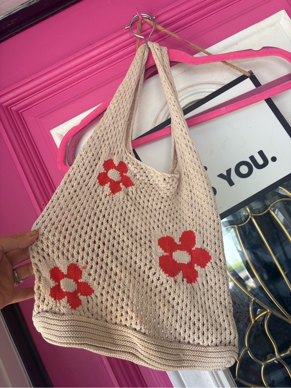 Amazon Beige Crochet Tote with Red Flower Accents
